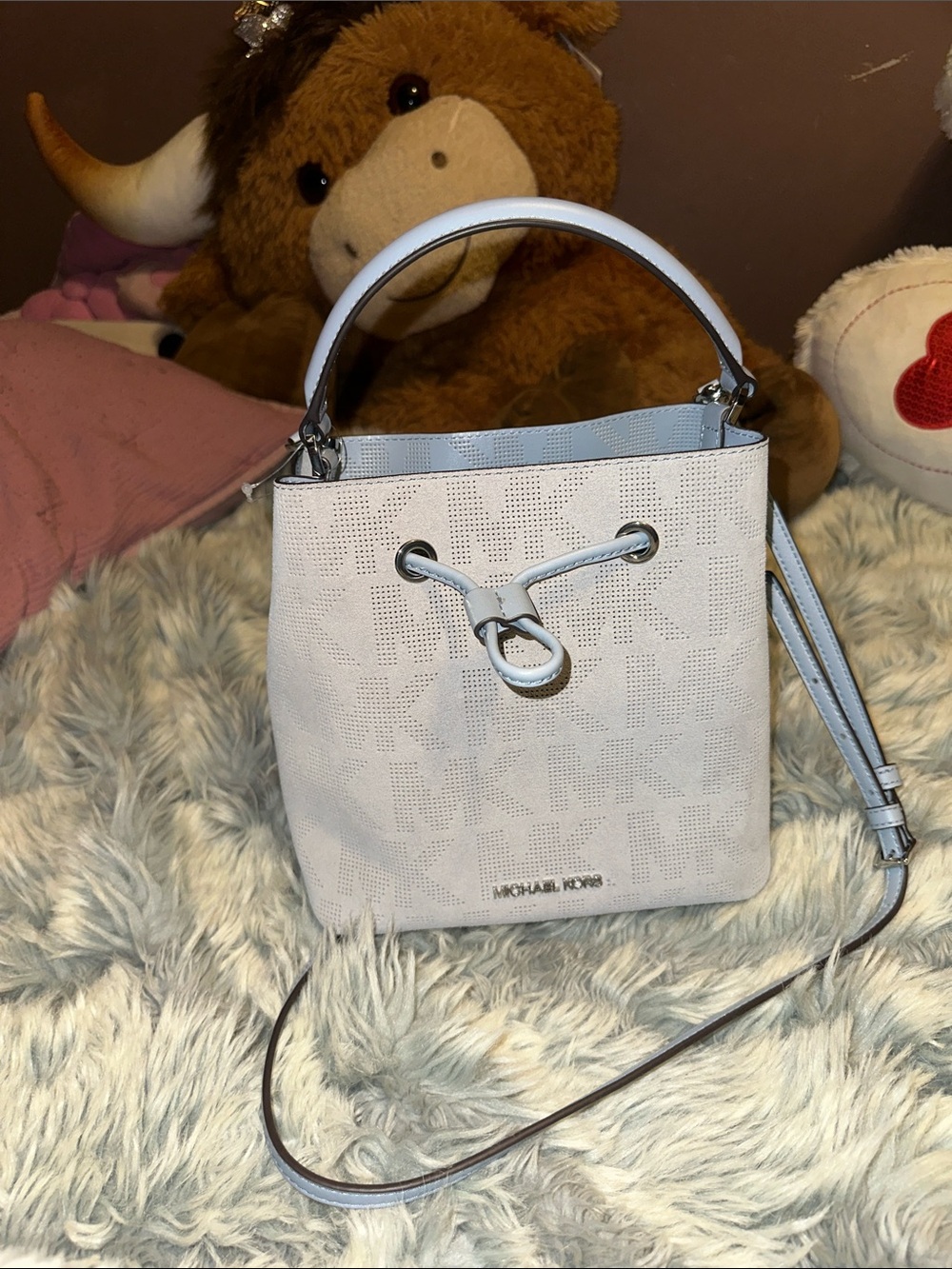 Michael Kors Light Blue-Gray Perforated Logo Crossbody Bucket Bag